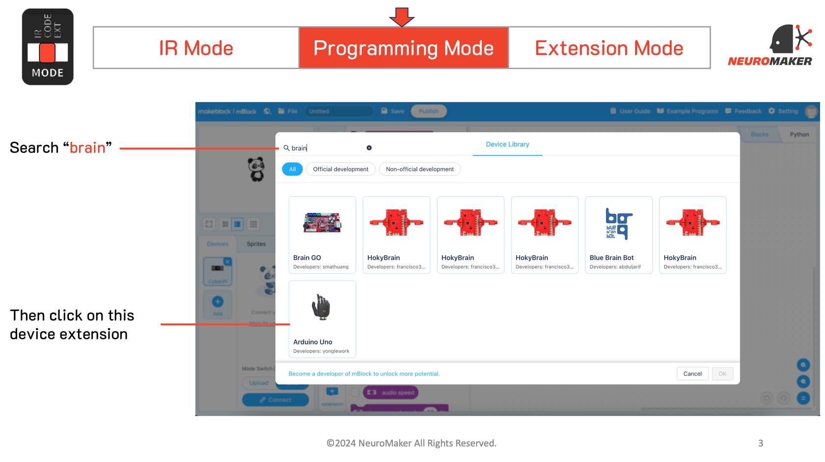 mBlock device library search results for brain showing an Arduino Uno NeuroMaker hand tile