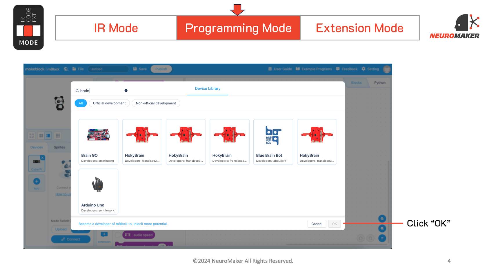 Arduino Uno NeuroMaker hand tile selected with the OK button highlighted