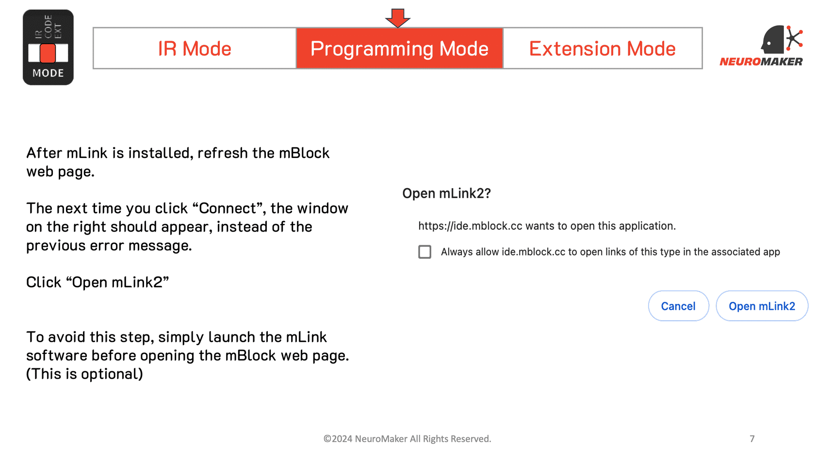 mBlock prompt to open mLink 2 and refresh the browser