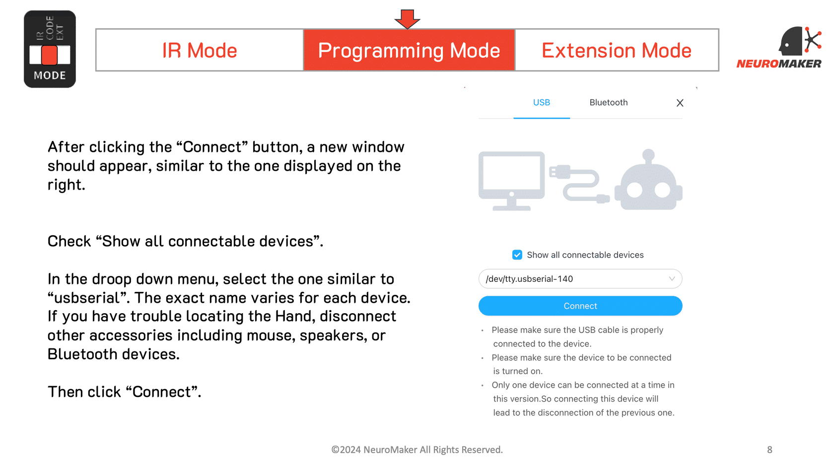 mBlock connection window with Show all connectable devices and a USB serial port highlighted