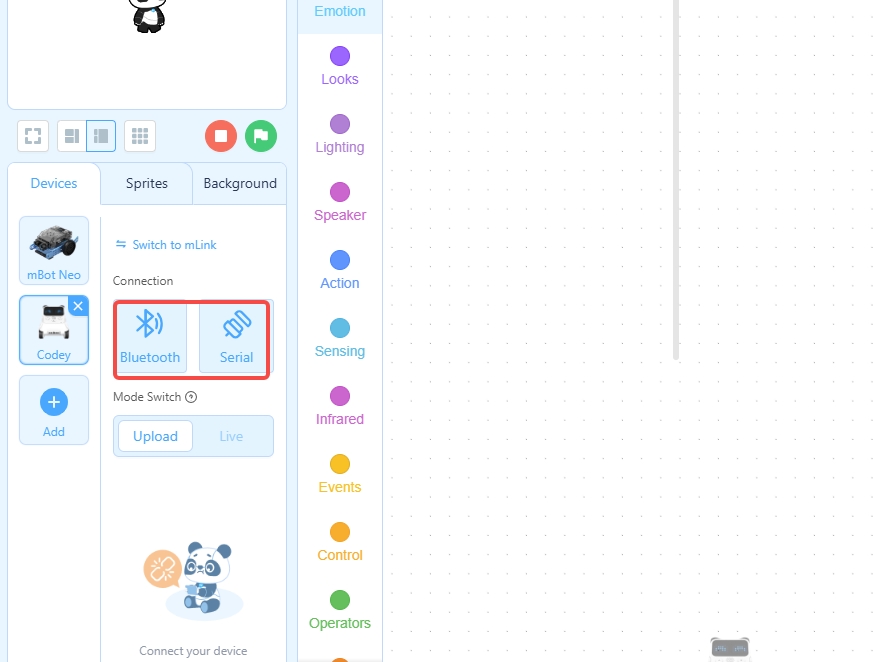 mBlock device panel with Switch to mLink highlighted